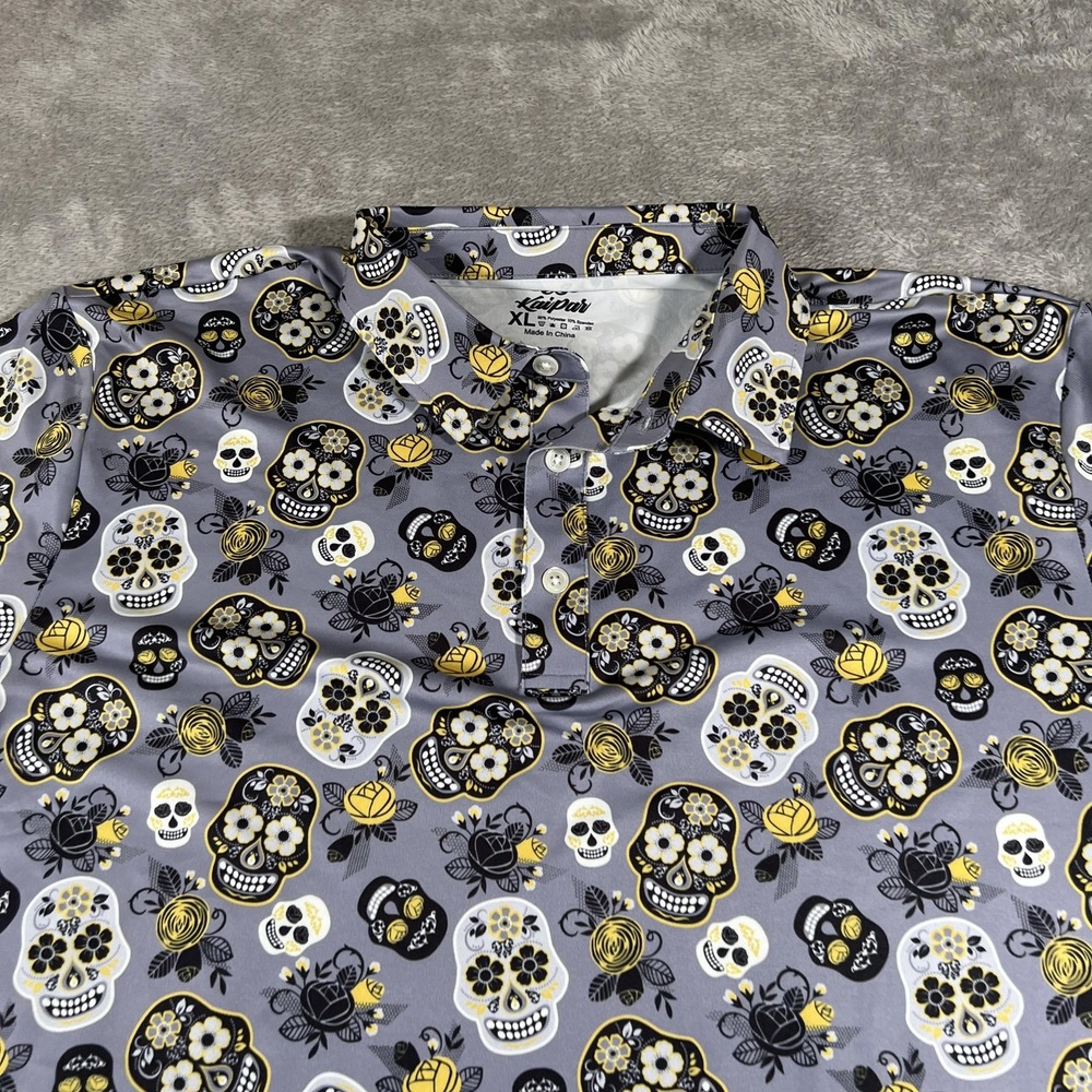 Kaipar Hawaii Golf Polo Shirt Men XL Gray Skull Floral Performance Stretch Roses